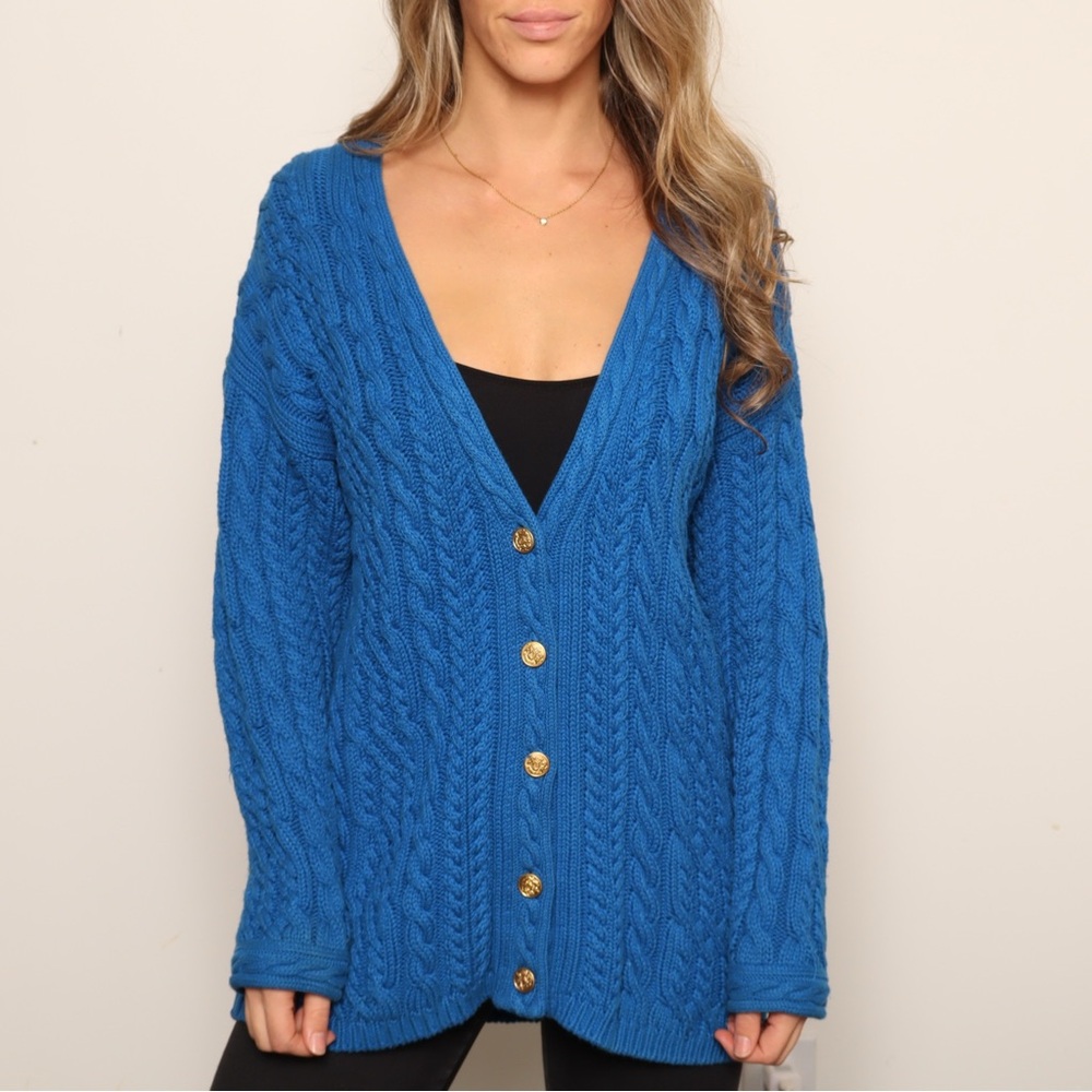 Vintage Cambridge Collection Royal Blue Long Cable Knit Cardigan Sweater